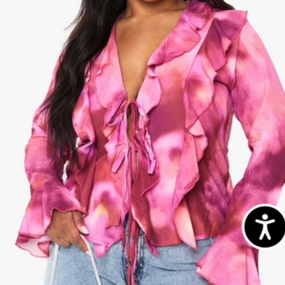 NWT Boohoo Plus Blurred Floral Tie Front Ruffle Blouse 20